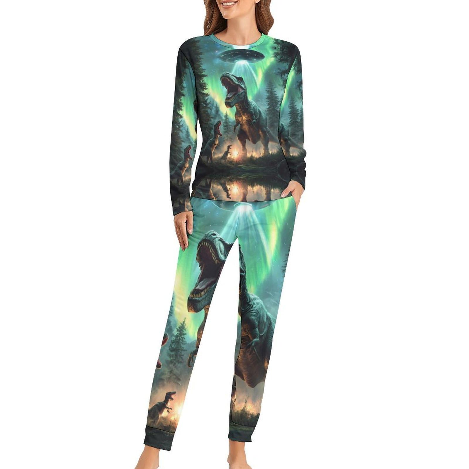 Asbwuo Unisex As Pic Dinosaur Women's Pajama Set Soft Long Sleeve Nightgown 2 Piece Pj Set With Pockets