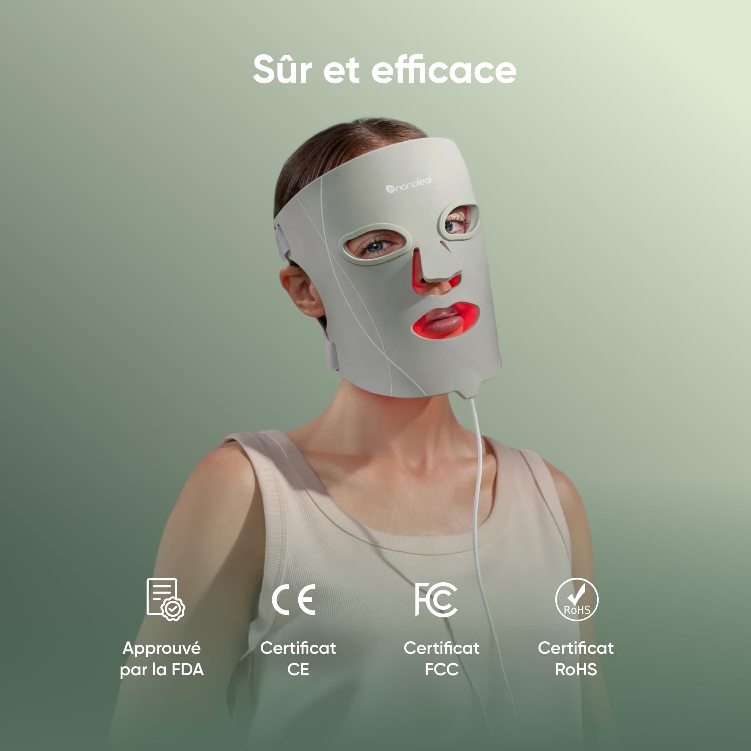 Nanoleaf Masque LED Visage de Luminothérapie, 7 Modes, Lumière Rouge Portable avec LED NIR, Silicone Doux, Protection Yeux, Traitement 5-10 Min, Infrarouge Rechargeable