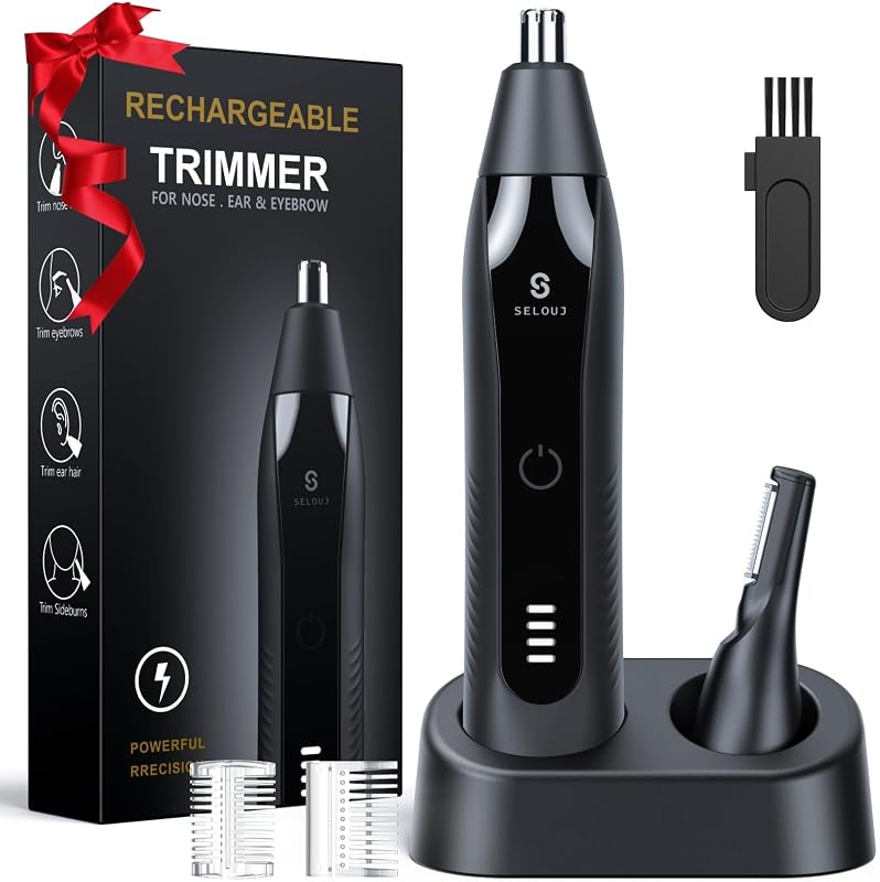 Aparador elétrico de pelos do nariz, orelhas, sobrancelhas e rosto Selouj, recarregável via USB-C, 13.000 RPM, IPX7, Pacote com 2 cabeças