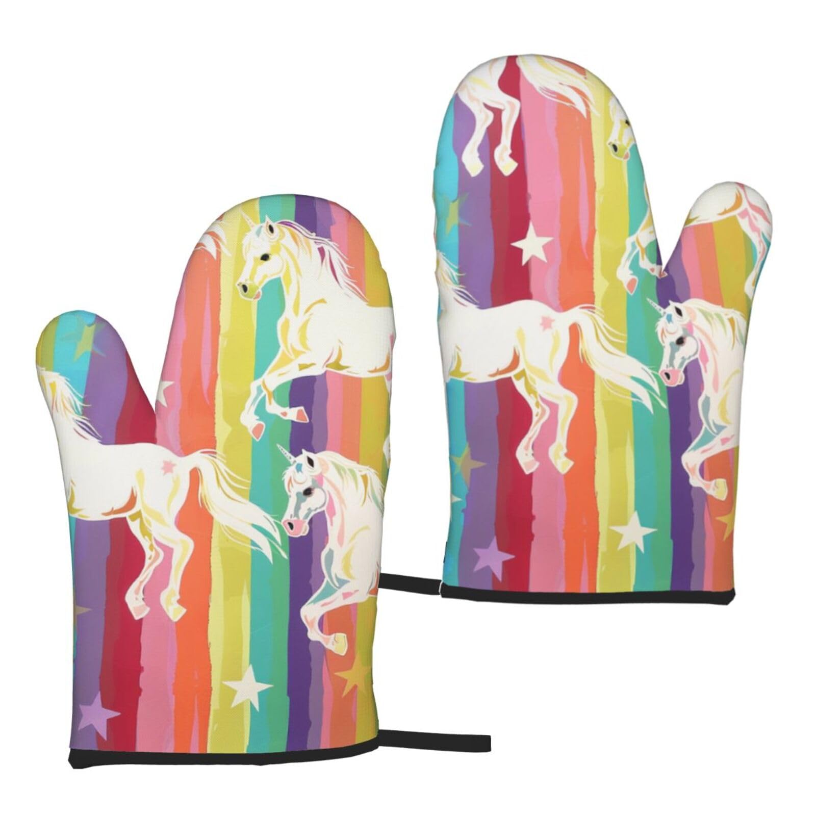 Aubkfeld Unicorns On Colorful Stripes Printed Oven Mitts 2 Pcs - Heat Resistant Waterproof Bbq Oven Gloves For Cooking Baking Grilling