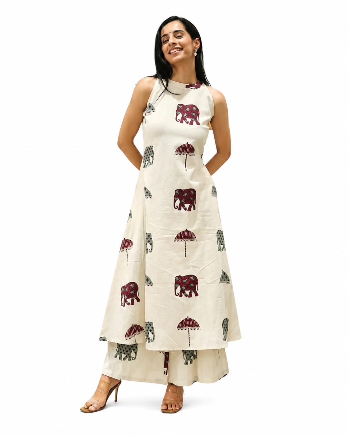 visionex Women's Printed Cotton Kurta with Palazzo Pants Set | Sleeveless A-Line Ethnic Dress Set | Elephant Motif Block Print | Cream Festive & Casual Wear-picture-24