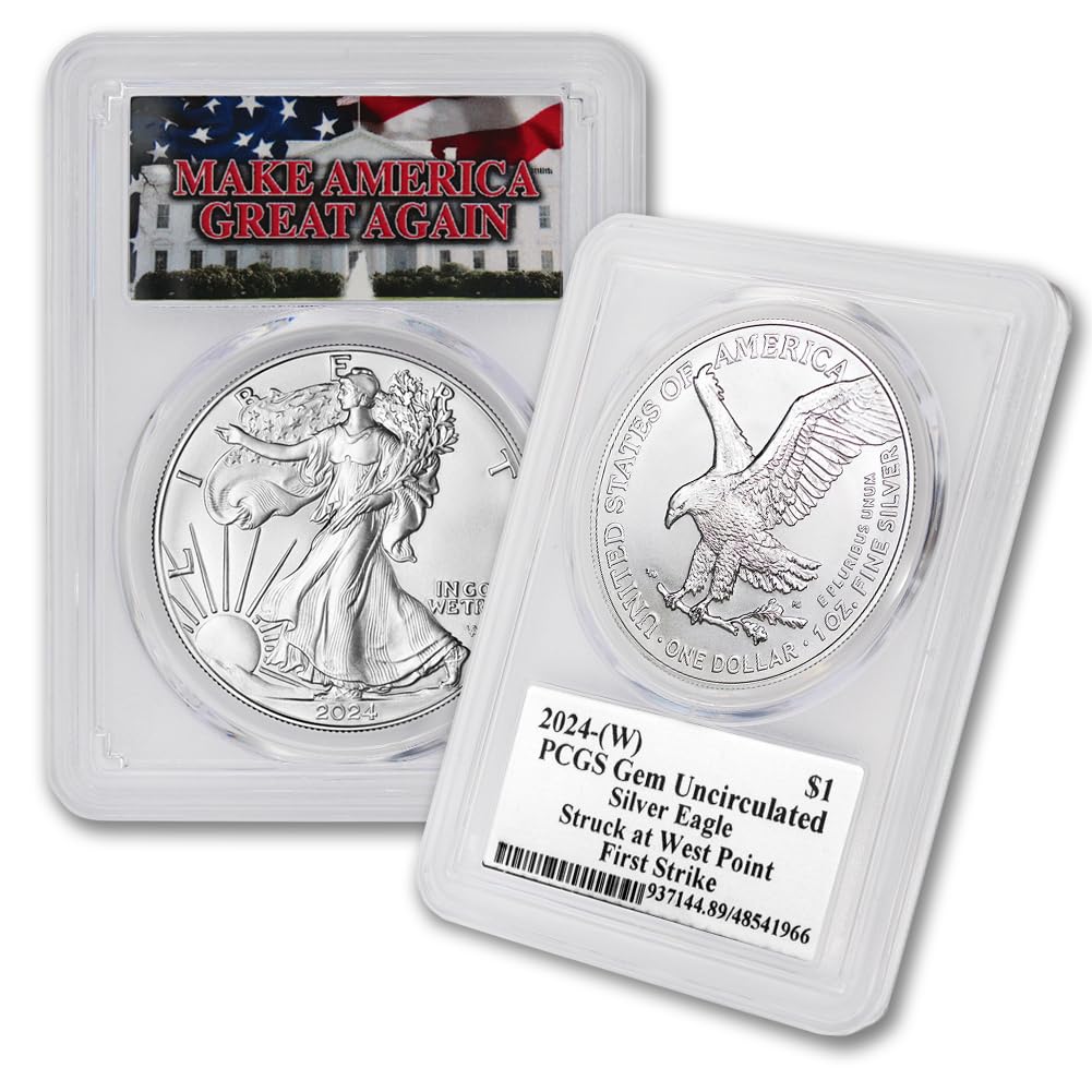2024 - (W) 1 oz American Silver Eagle Coin Gem Uncirculated (First Strike - Struck at West Point - Make America Great Again MAGA Label) $1 PCGS GEMUNC