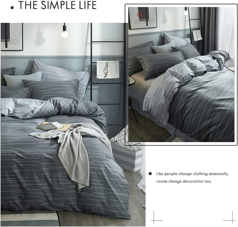 Miniatura 6 de LifeTB Juego de funda de edredón de algodón a rayas, tamaño matrimonial, diseño geométrico de rayas grises, estilo moderno, funda de edredón