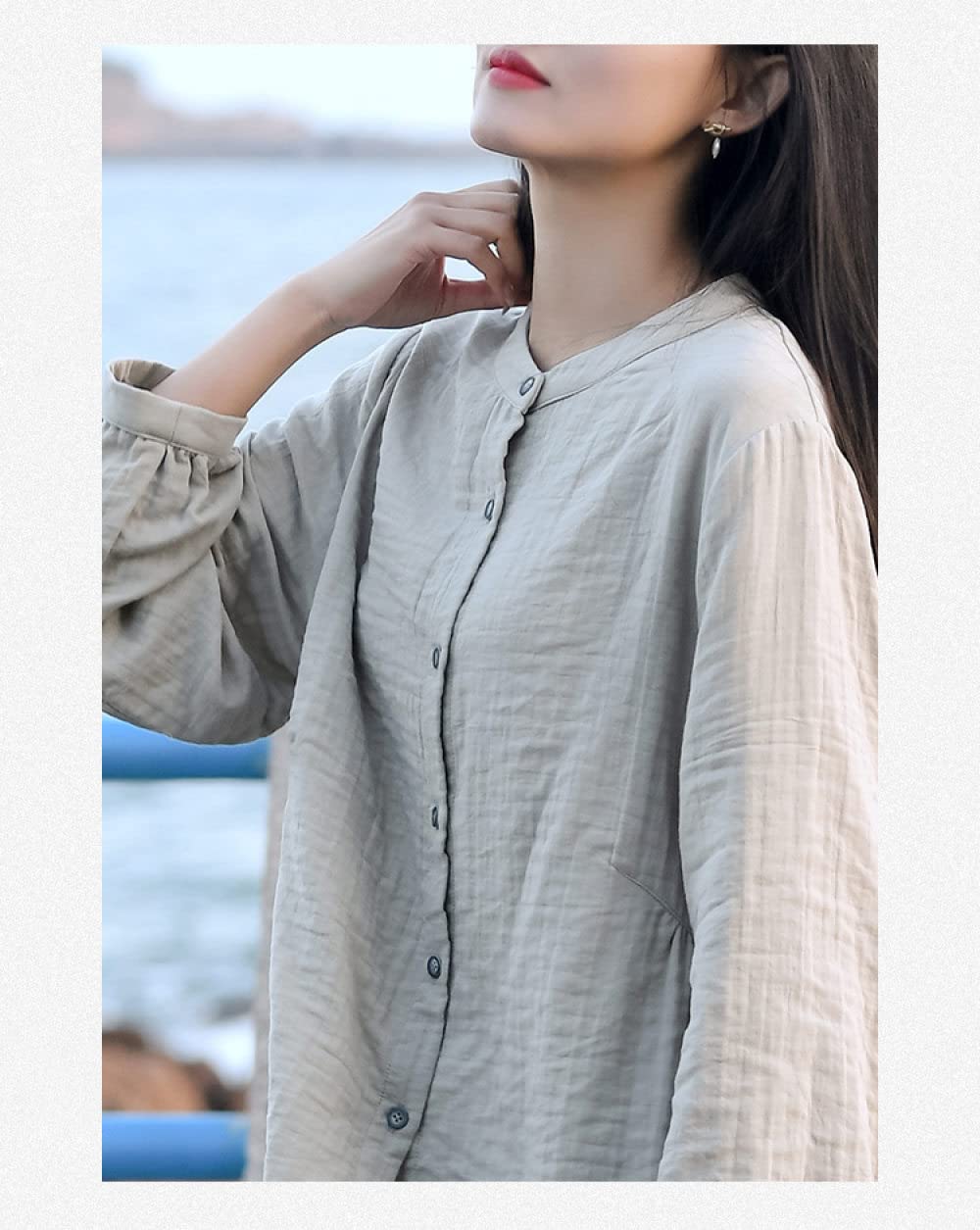 Langarmshirt Damen,Damen-Baumwoll-Leinen-Hemd Vintage Hellgraue Schlichte Leichte Jacke Mit Rundhalsausschnitt Elegante Tägliche Freizeit-Strandbluse Langarm-Button-Down-Blusen Lässige Tunika-Tops