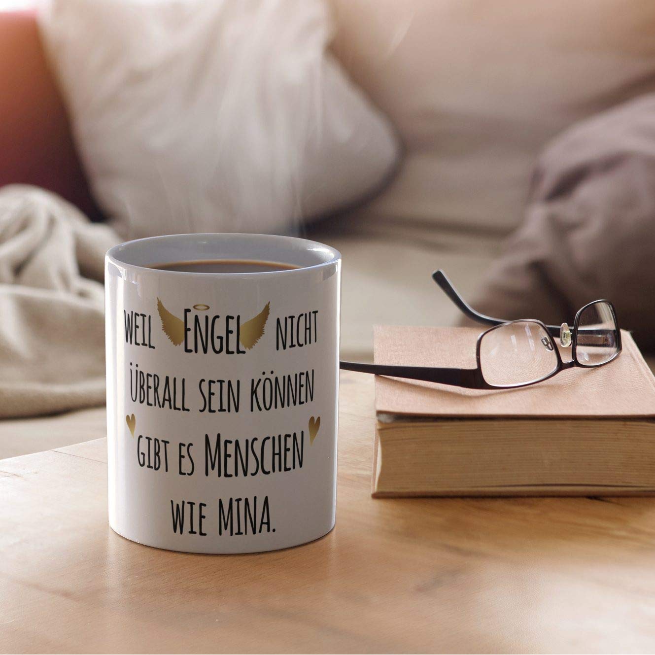 Printplanet Namenstasse Mona – Persönlicher Kaffeebecher Mit Engel-Motiv, Spülmaschinenfest (Schwarz, 325 Ml)