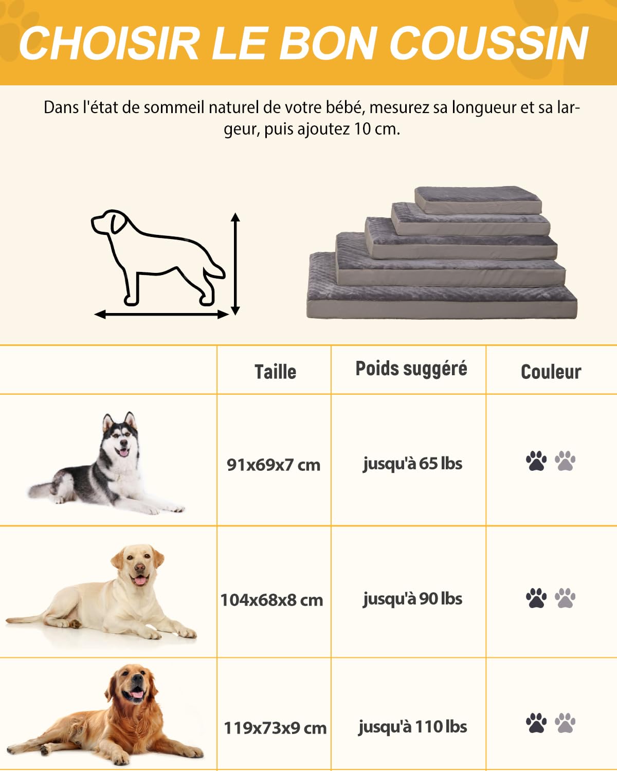 Panier Coussin Chien Dehoussable Lavable XL, Grande Taille Lit pour Chien Orthopédique, Tapis Matelas, Fond Antidérapant, Gris, 104x68x8cm