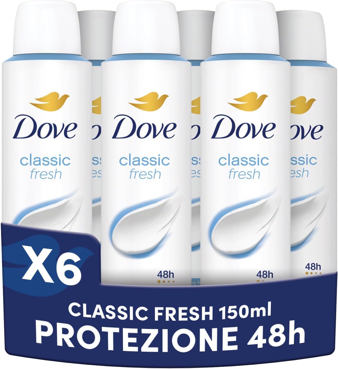 Dove Deodorante Spray, Classic Care, Deodorante Antitraspirante Spray, Protezione Fino a 48 Ore, con 1/4 di Crema Idratante, Formula Delicata, Deodorante Uomo e Donna, 6 Pezzi da 150 ml