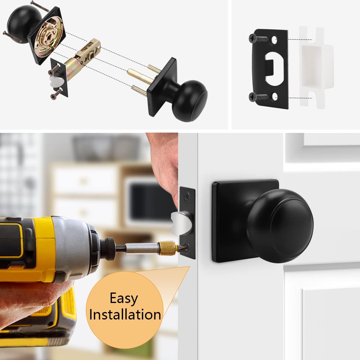 Probrico Colonial Passage Door Knobs Black Interior Non-Locking Door Handles for Hall/Closet with Square Rosette, 10 Pack