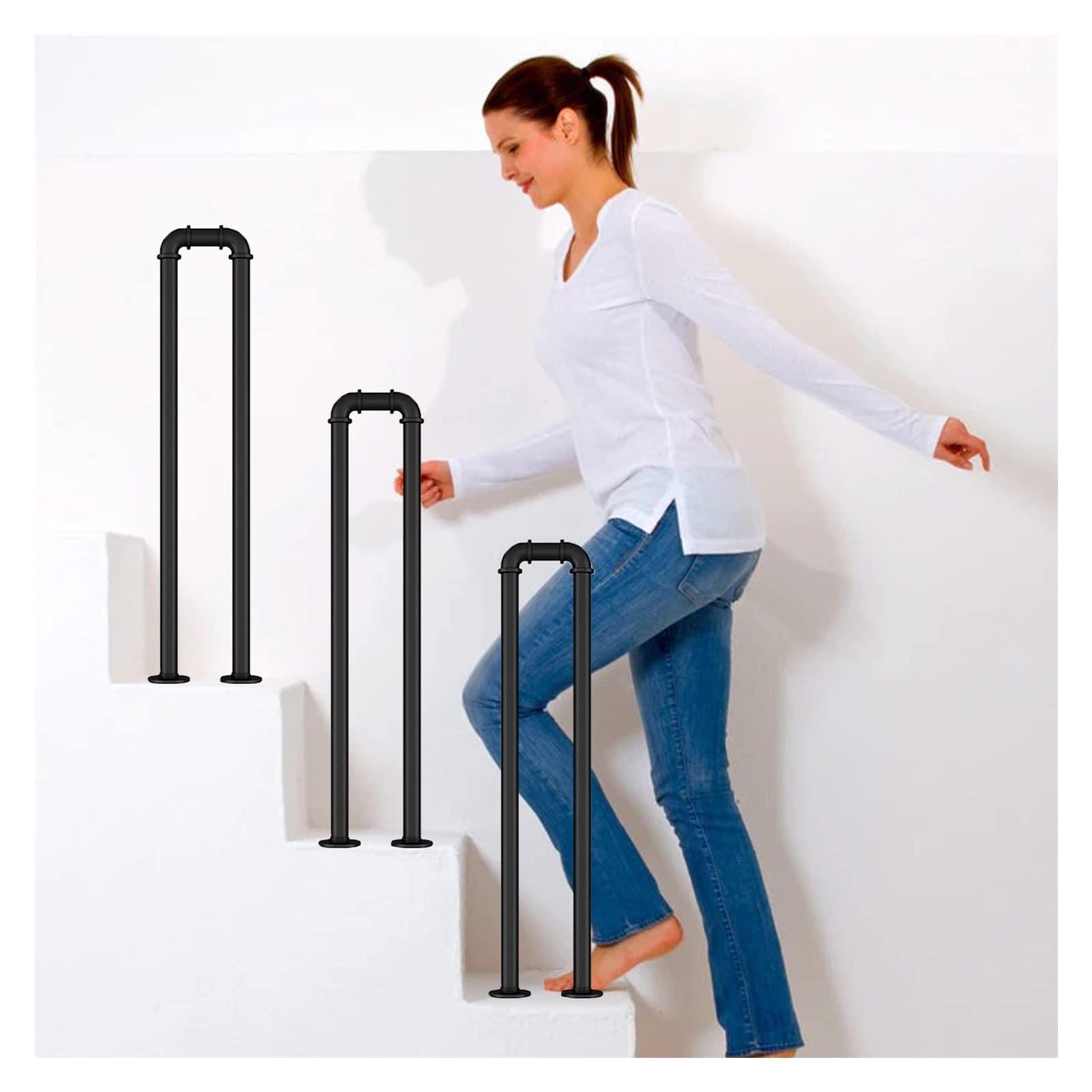 Meiiron U Shaped Staircase Handrails, Stair Railings for Steps Porch Garage, Safety Grab Bar for Stairs - 1PC Decking Railings (Color : Black, Size : 90cm(35.4"))