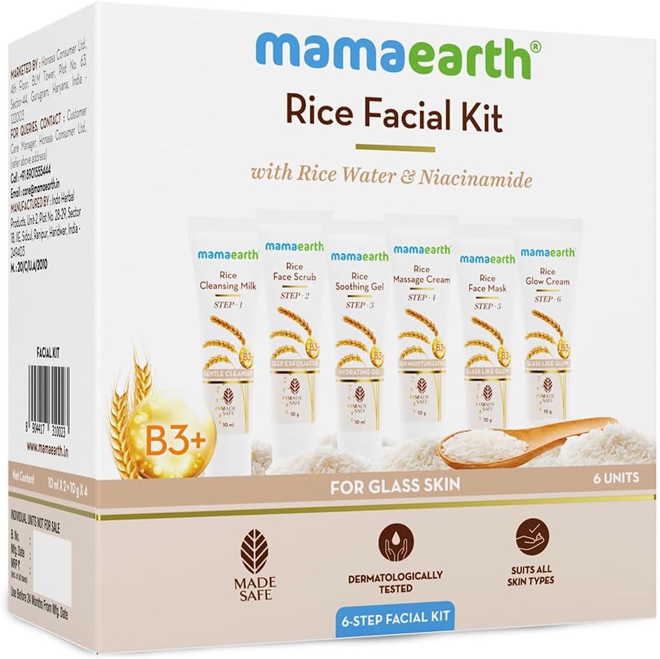 Mamaearth Rice Facial Kit With Rice Water & Niacinamide for Glass Skin - 60 g | Salon-Like Glowing Skin in 6 Easy Steps | Improves Skin Texture | Instant Glow | Suitable for all skin types