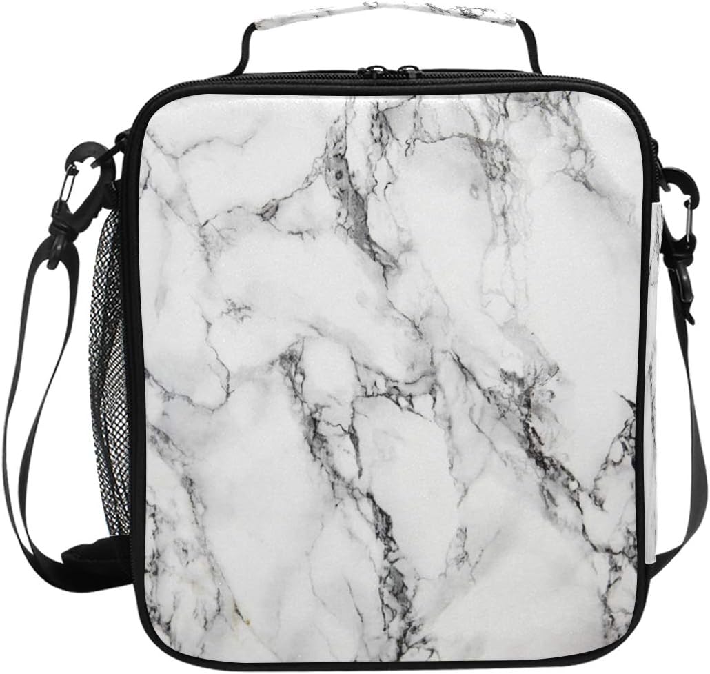 FFY Go Girls Marble Lunch Bags White Marble Stone Large Insulated Lunch Box Tote Bag Cold Thermal Freezable Shoulder Strap for Kids Teen Women School Work