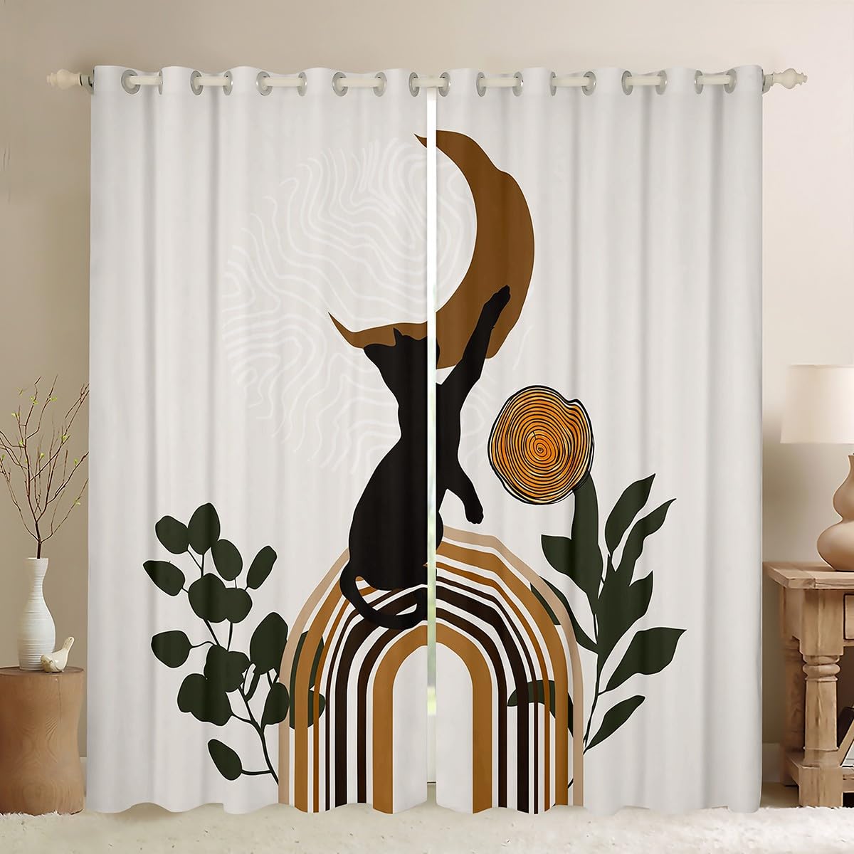 Cute Cat Window Curtain Abstract Moon Rainbow Leaves Curtains Vintage Boho Style Window Treatment Curtain for Kids Girls Boys Adult Room Decor Light Brown Beige Window Drapes,Top 2 Panel,52Wx84L