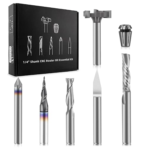 Miniatura 8 de FoxAlien Kit esencial de broca de enrutador CNC de vástago de 1/4 de pulgada, incluye pinza ER11 de 1/4 pulgadas, broca en V, fresas finales, broca