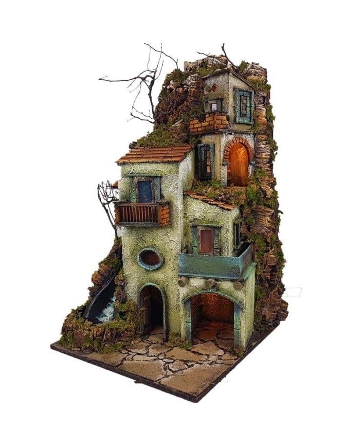 Chianese Presepe Borgo Napoletano Stile '700 con Cascata e Luci LED – Artigianale in Legno e Sughero, Dimensioni 40x40x68 cm, Compatibile con Pastori 10-7-6 cm