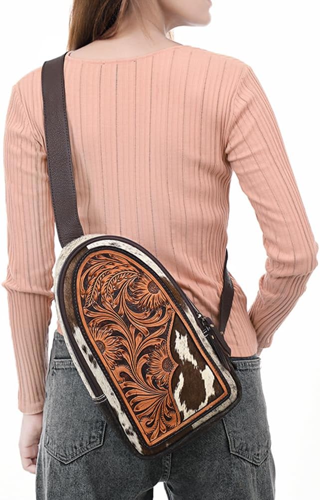 American Darling Sling Bag - Hand Tooled Floral Carved, Hair-On Cowhide, Eco-Friendly Vegetable Tanned Genuine Leather