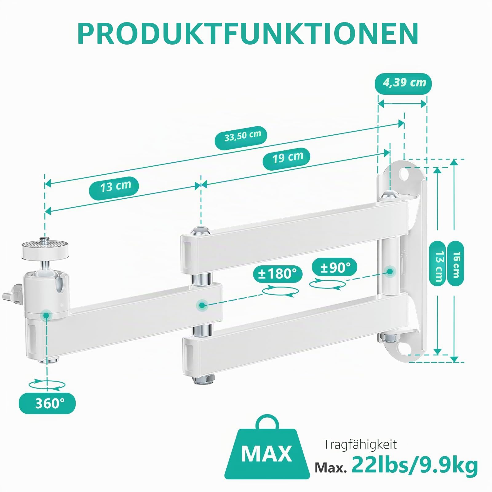 WALI Faltbare Projektor-Wandhalterung, universal, verstellbar, Aluminiumlegierung, Projektorständer, 6,35 mm M4 M6 Schraubengröße, (1330LM-PMW), Weiß
