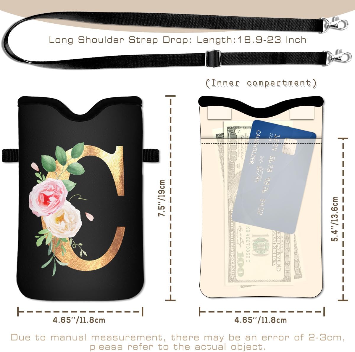 Initial Neoprene Cell Phone Sleeve Pouch 7.6"x4.3" with Crossbody Strap/Neck Lanyard,2 Pockets Inner Universal Phone Bag for Womem Men Shockproof Mobile Protection Case Bag-Black Letter-C Phone Pouch - Image 4