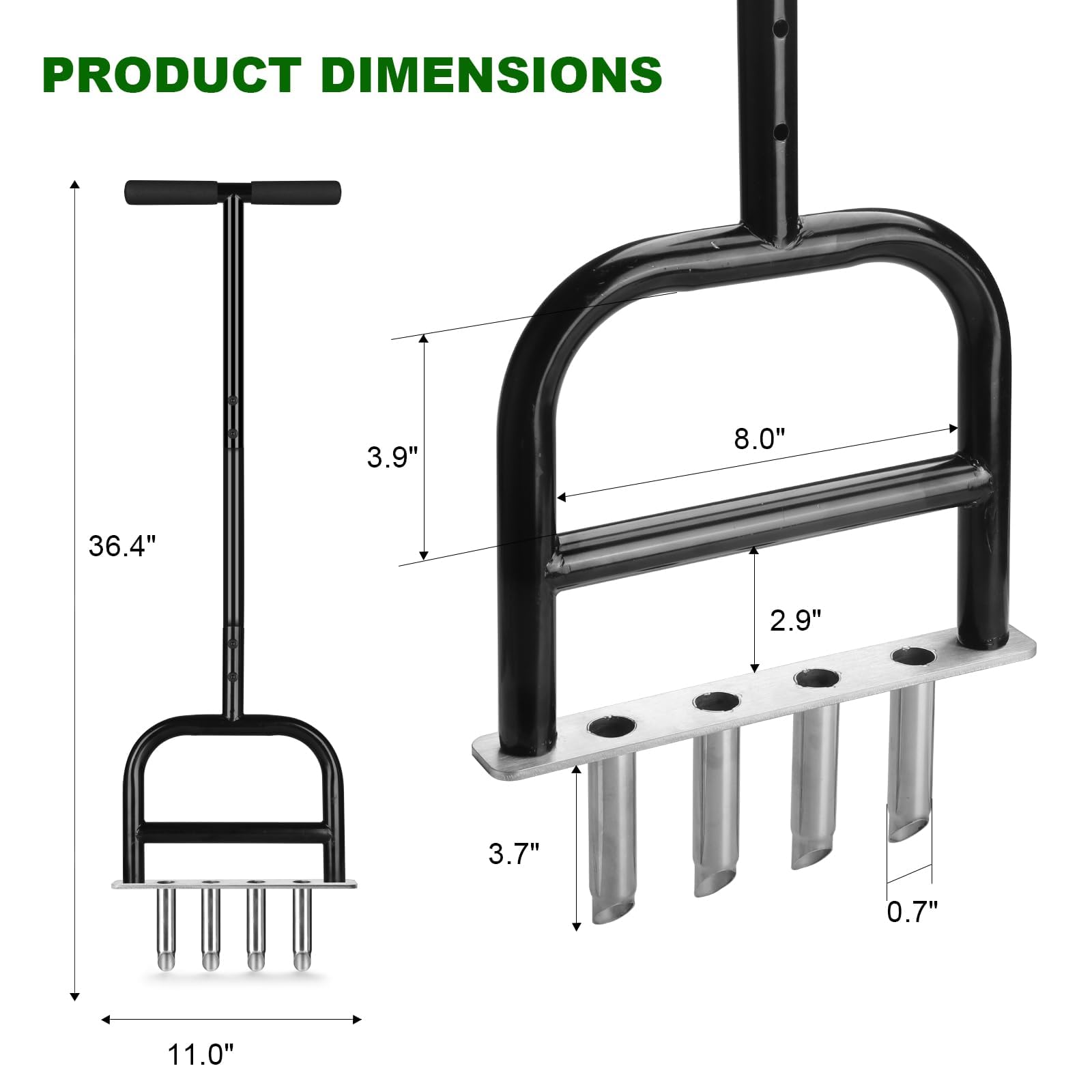 Aérateur de pelouse - 4 dents creuses pour une aération efficace - Aérateur manuel en acier robuste pour l'entretien de la pelouse/ameublissement du sol/entretien de l'herbe (argenté)