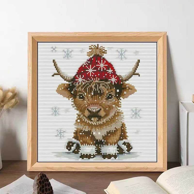 Image of Cute Little Highland Cow with Christmas Hat DIY 11CT Stamped Cross Stitch Kits for Beginners Easy Needlepoint Embroidery Counted Cross Stitch Art Craft for Wall Decoration 14x14inch(1)