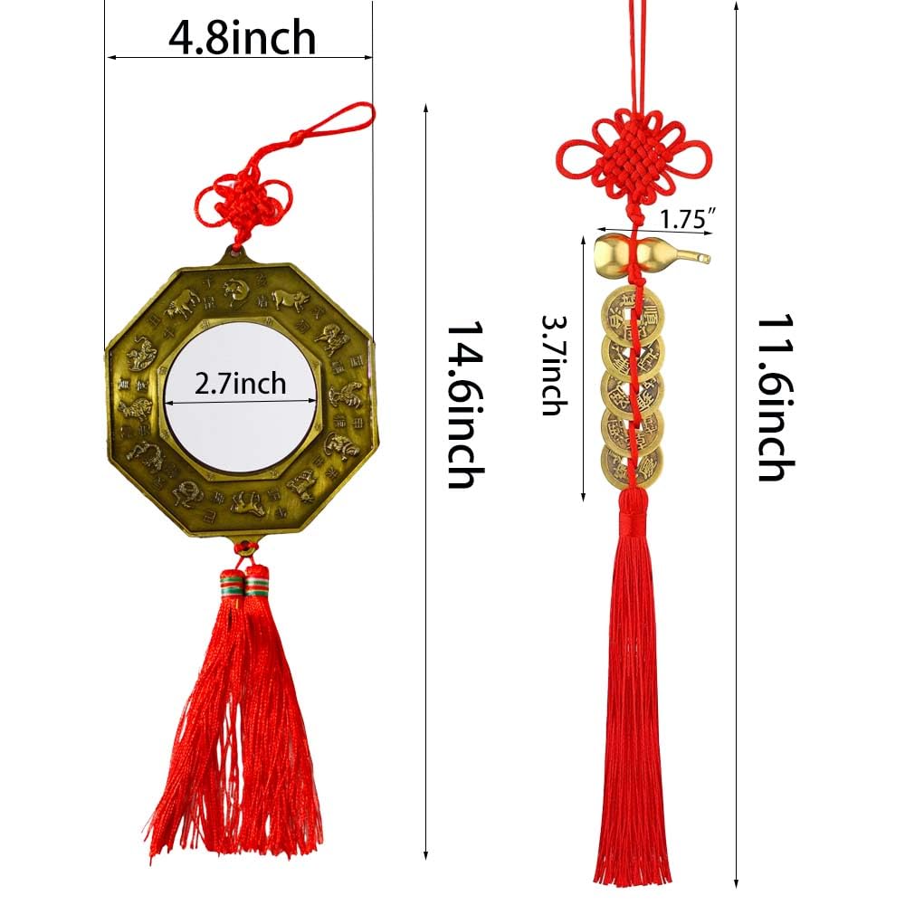 Lanxitown 2 PCS 4.8 Inch Bagua Mirror Feng Shui and Chinese Coins Feng Shui with Copper Gourd Feng Shui Decor Chinese Decor Good Luck Charms Wealth Health Success to Friends Families Lovers (RED)
