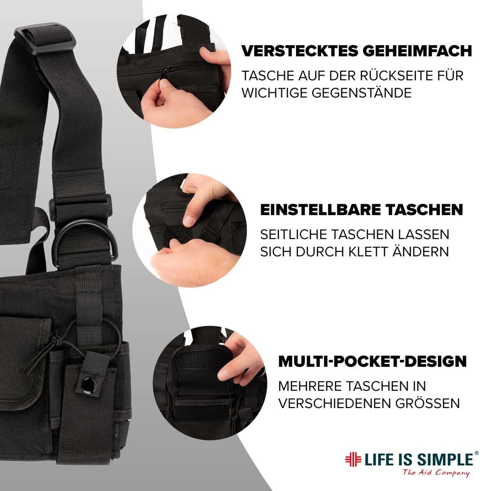 LIFE IS SIMPLE Poche poitrine Tech Wear pour radio - Harnais de poitrine avec 4 poches - Convient comme poche pour appareil radio ou comme sangle de poitrine pour appareils radio - Poche poitrine