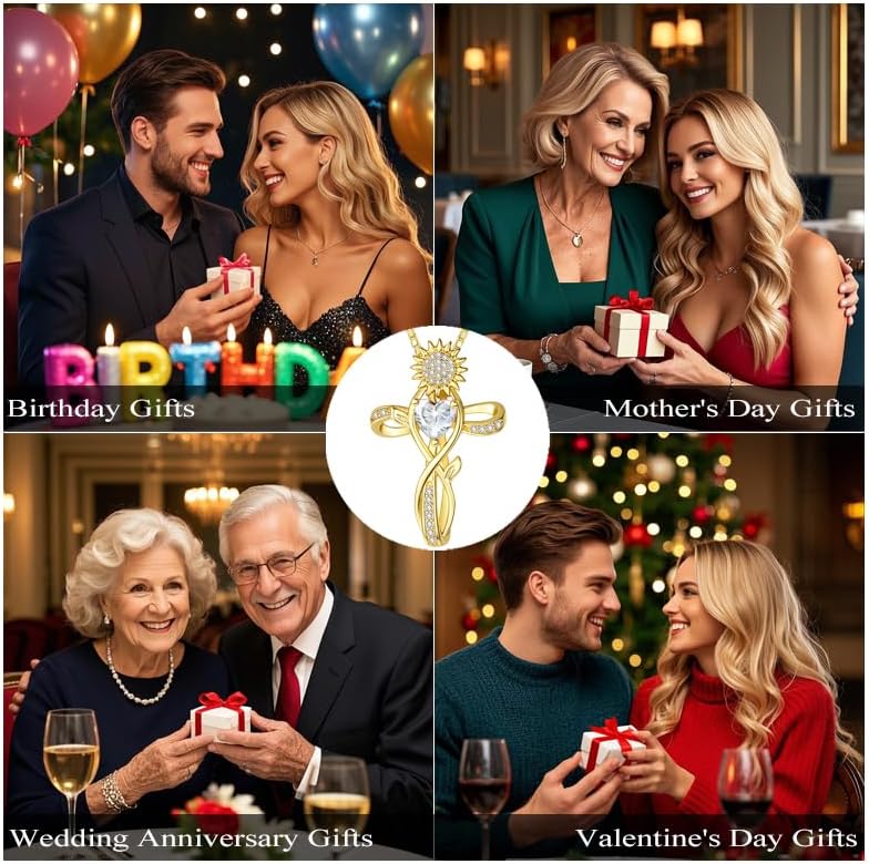 HeartMelody Cross Necklace for Women,18K Gold/ White Gold Plated Sunflower Cross Pendant Diamond Necklaces Christian Everyday Faith Cross Jewelry First Communion Gifts, 12-Color Birthstone Necklace for Women - Image 6