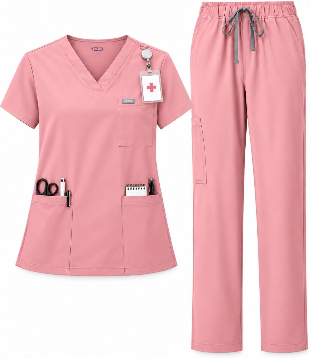 Women's Ultra-Light Medical Scrub Set-130GSM Summer Cooling Fabric-4-Way Stretch, Cargo Pants & V-Neck Top-6-Pocket