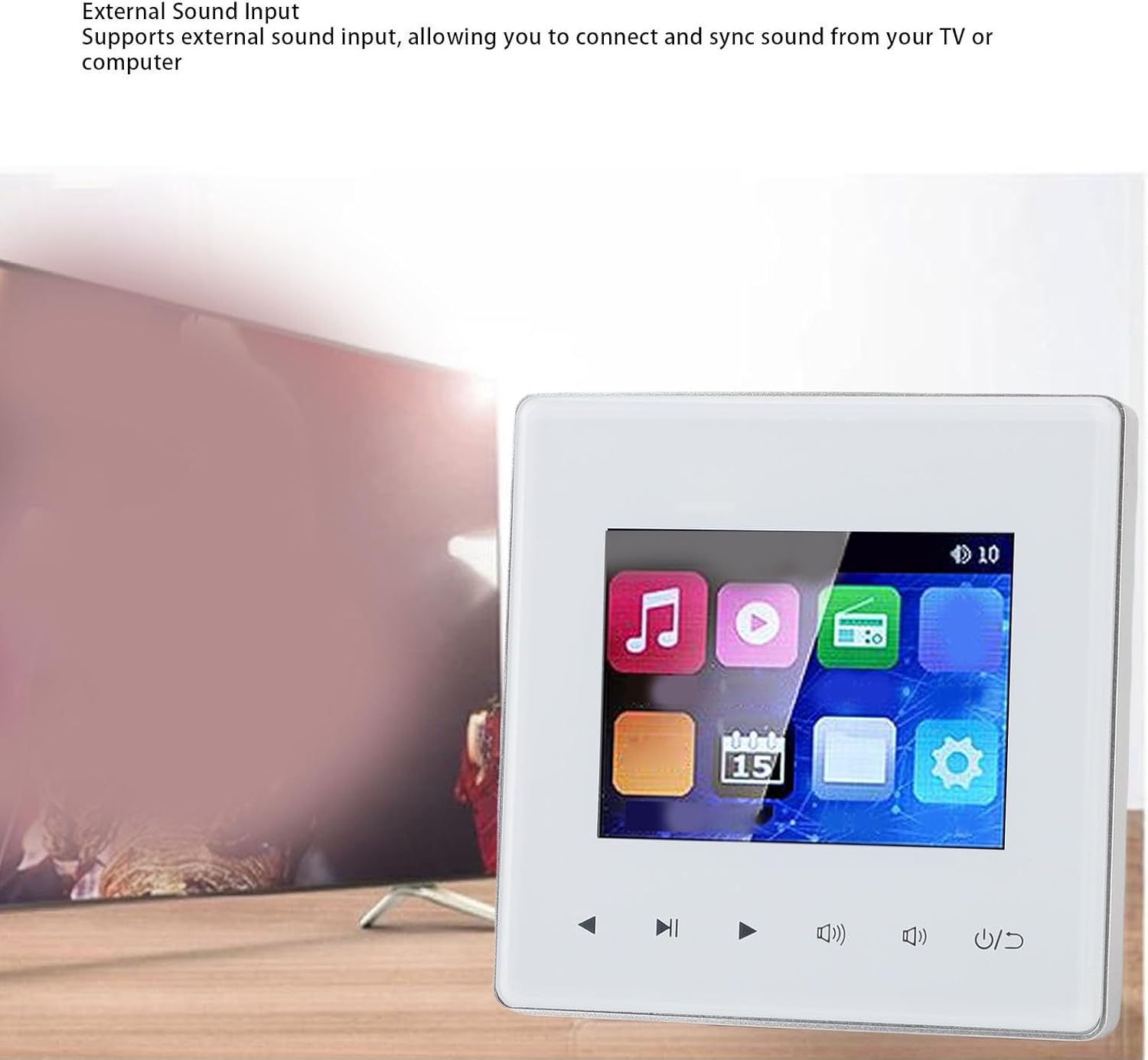 Close-up of the GOWENIC wall amplifier's 2.8-inch HD touchscreen displaying various application icons like music, video, radio, and settings.