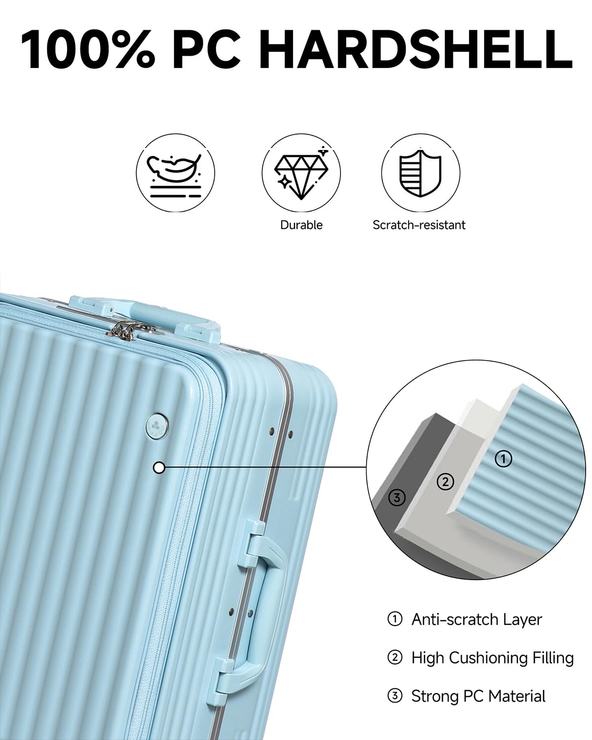 Somago Valigia leggera con portabicchieri e porta USB telaio in alluminio in policarbonato Spinner valigia rigida con serratura TSA, Azzurro chiaro, 24 Inch Checked Luggage, Leggero Pc Luaage Con