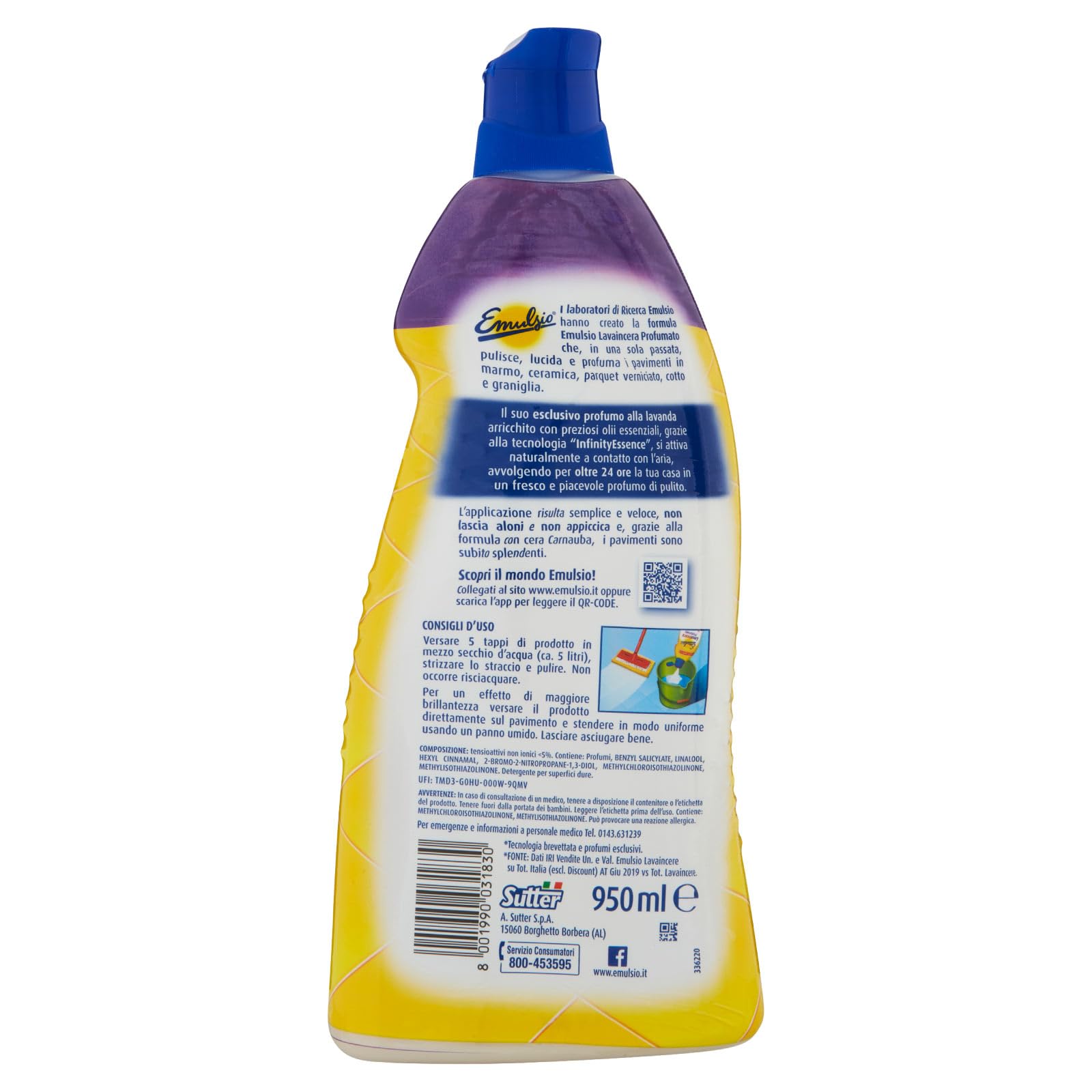 Emulsio Lavaincera - Limpiador perfumado para limpiar y abrillantar suelos de mármol de cerámica cocido con cera de carnuaba y aceites esenciales de lavanda, 12 botellas de 950 ml cada uno