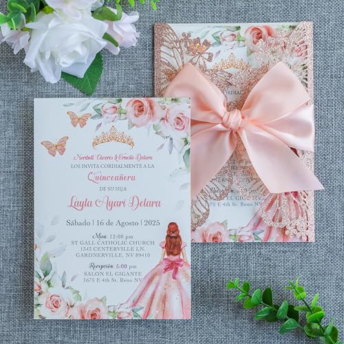 FEIYI 20 PCS 5.12x7.2 Butterfly Personalized Quinceanera Invitation, Customized XV Anos Laser Cut Invitation Cards with Envelopes (Rose Gold Personalized)