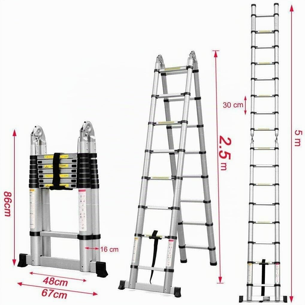 Escala telescópica de Acero Inoxidable, Escalera telescópica Extensible, Escalera telescópica Extensible, Escalera Plegable Loft Ladder,certificada EN131, Resistencia a 150 kg, 5 m (2,5 m + 2,5 m)