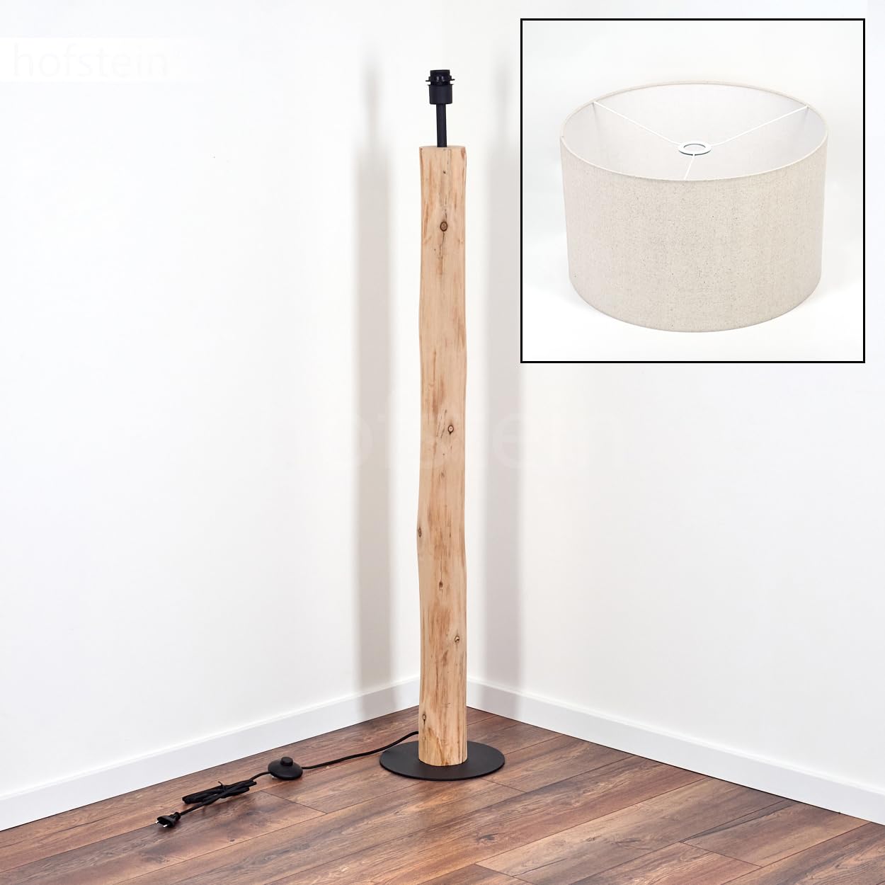 Stehleuchte Flemming, Stehlampe aus Holz/MetallStoff in Natur/Schwarz/Beige, Leuchte im skandinavischen Design mit rundem Schirm (Ø 50 cm) u. Fußschalter, Höhe 159 cm, 1 x E27, ohne Leuchtmittel