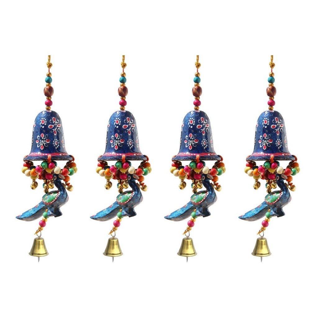 Handicrafts Paradise Door Hanging Blue Painted Bell with Jhalar Blue Peacock with Metal Bell Set of 4