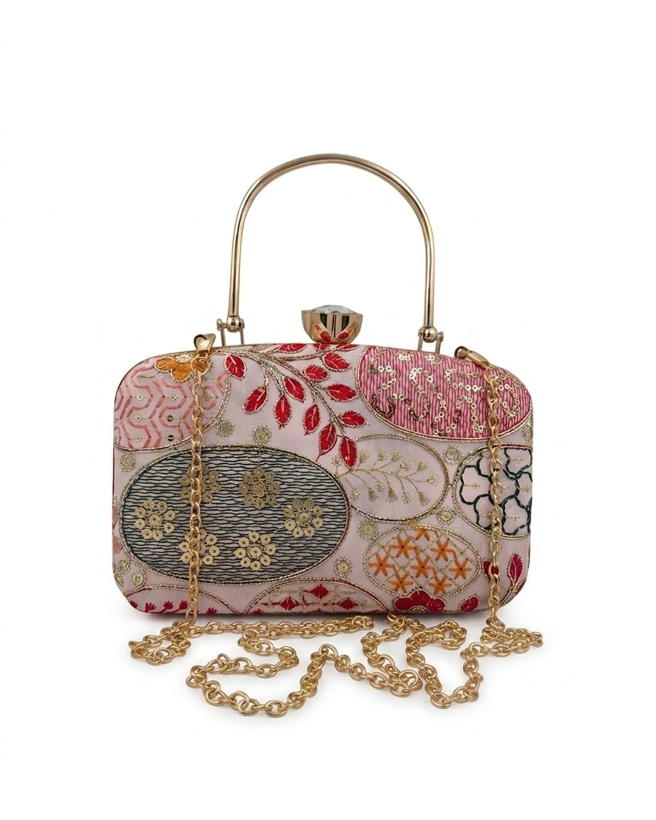 Women Embroidered Clutch Purse with Metal Handle and Chain Strap Designer Box Handbag for Party Wedding Evening Ethnic Traditional Sling Bag-image-12