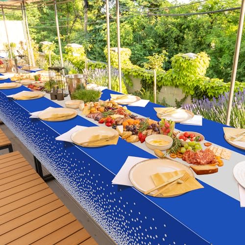 Image of 3Pcs Blue and Silver Tablecloth Party Decorations,Plastic Royal Blue Table Cloth Printed Silver Table Runner Disposable Rectangle Tables Cover for Anniversary Wedding Graduation 2025 Party,54x108 Inch
