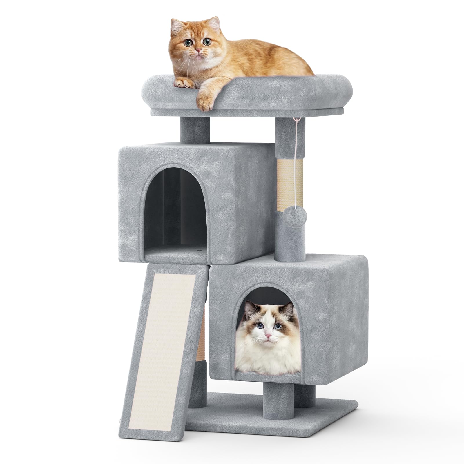 MoNiBloom 34 Inch Cat Tree With 2 Condos, Scratching Post & Sisal-Covered Board, Climbing Tower for Indoor Cats, Light Grey