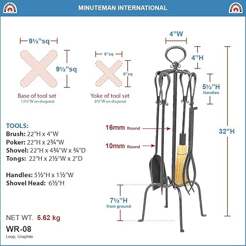Miniatura 4 de Minuteman International Loop - Juego de herramientas para chimenea de hierro forjado de 5 piezas, grafito