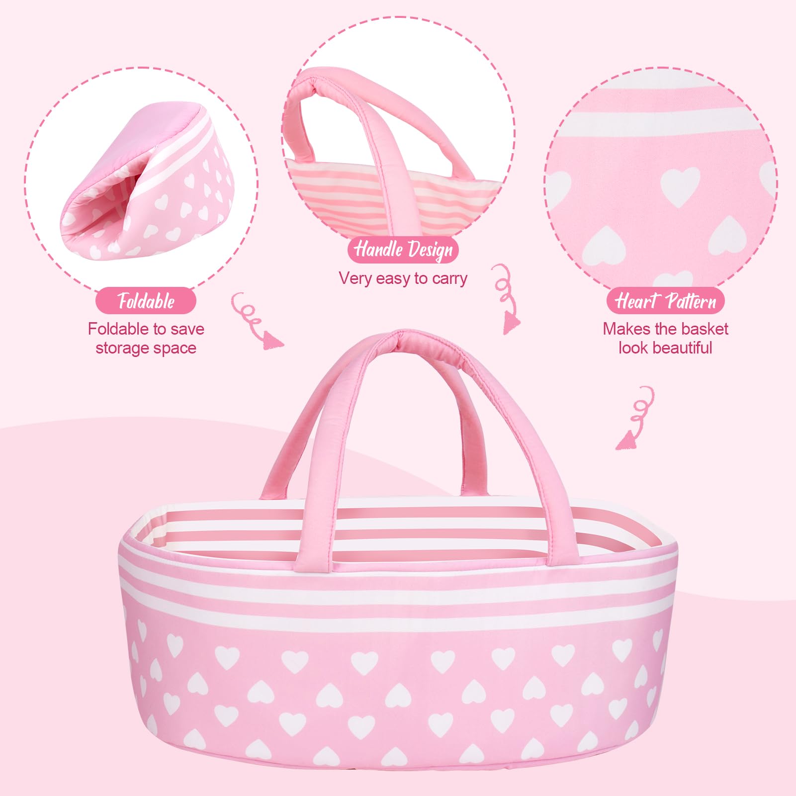 Cuna Reborn Baby Dolls - Cama plegable para cuna, accesorios suaves para muñecas con asa para bebés recién nacidos de 17 a 22 pulgadas, color rosa 4