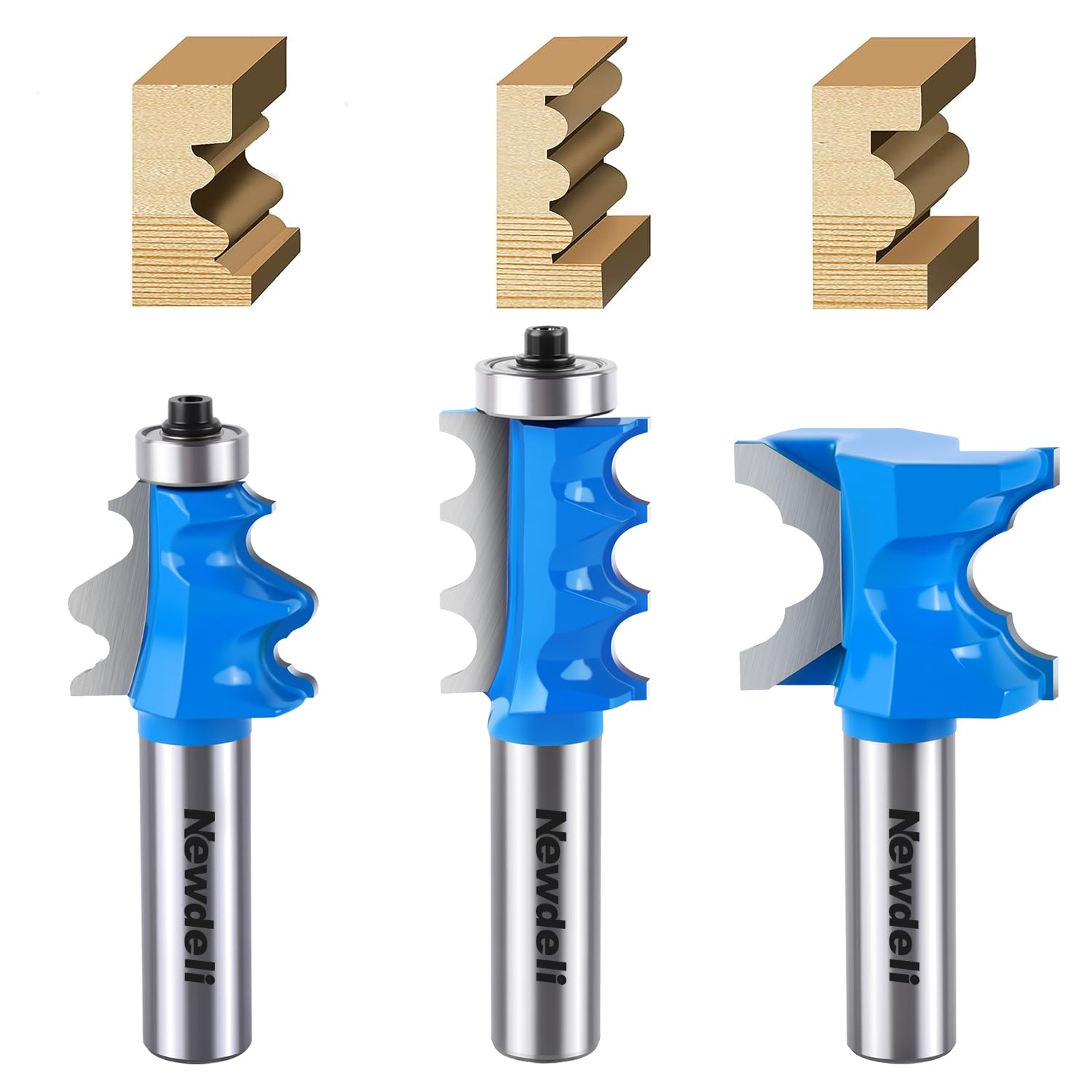 Newdeli 3Pcs Architectural Molding Router Bit Set 1/2 Inch Shank Decorative Router Bits for Crown Molding, Baseboards, Door Window Casings, Cabinet Trim, Cornice & Furniture Woodworking