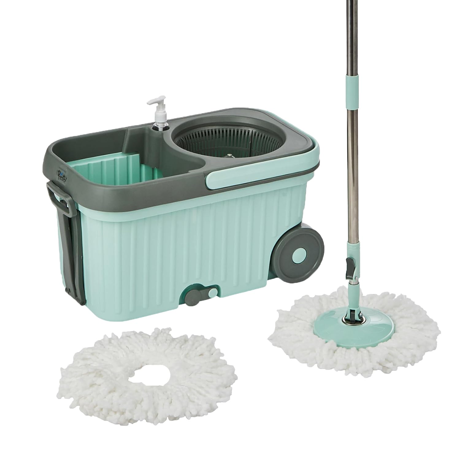 Presto! Elite Spin Mop with Bigger Wheels and Auto- Fold Handle, Green, 2 Refills, Plastic Bucket