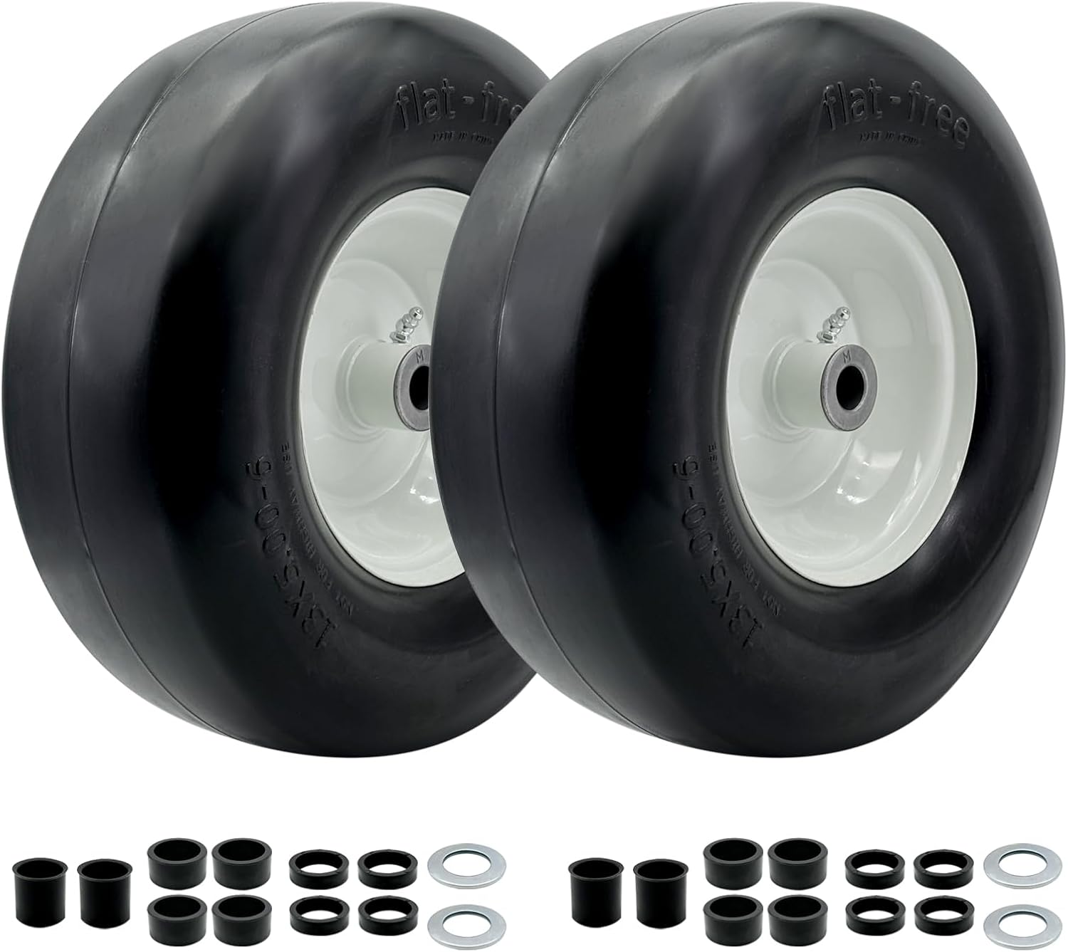 2PCS 13x6.50-6 Flat Free Smooth Tires and Wheel with 4"-7" Centered Hub,3/4'' or 5/8''Sintered iron Bushing,Solid Tire Assembly for Lawn Mower Garden Tractor,Garden Turf