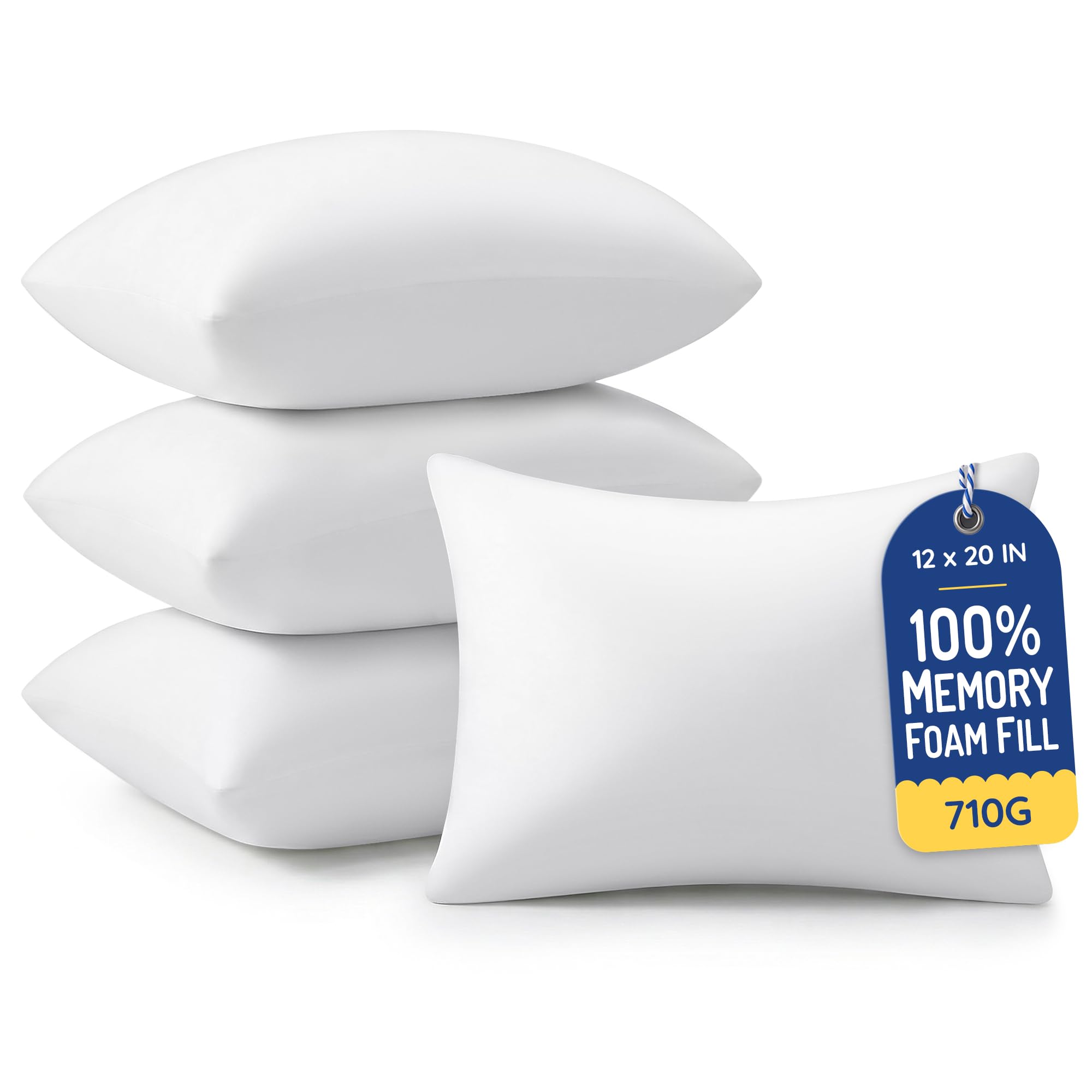 AM AEROMAX 12x20 Memory Foam Throw Pillow Inserts, 4 Pack, Lumbar, White