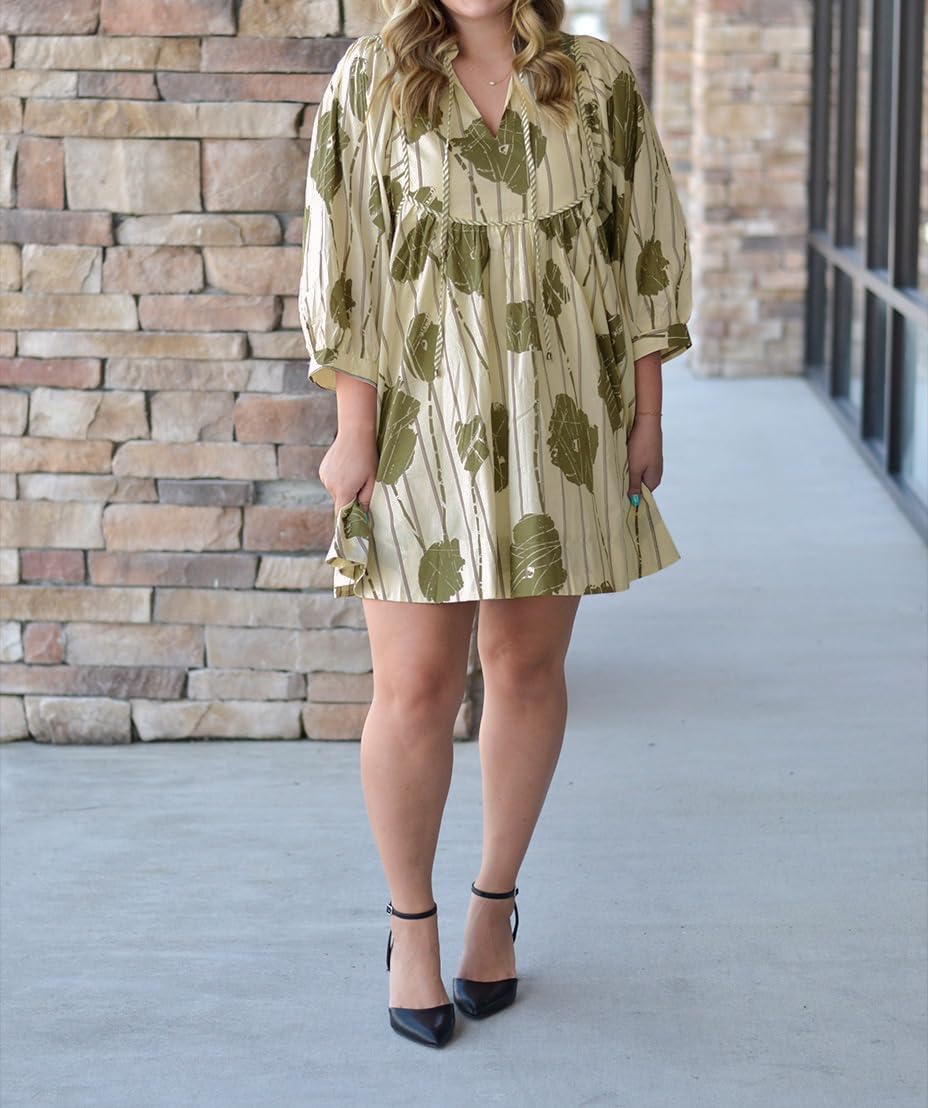 Women Floral Babydoll Mini Dress V Neck 3/4 Puff Sleeves A Line Flowy Swing Summer Sun Dresses - Image 6