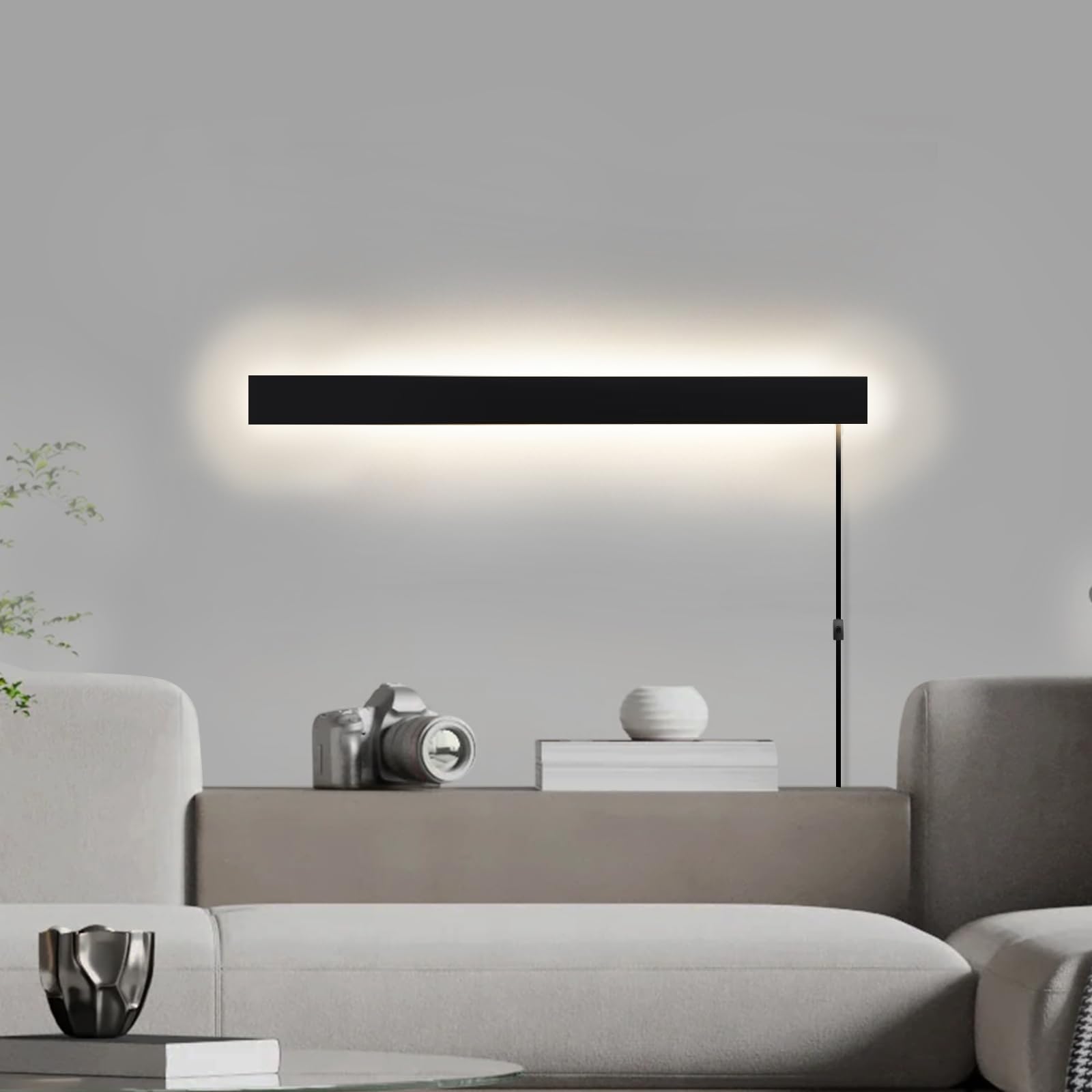 Dimmbar Wandleuchte mit Fernbedienung LED Wandlampe mit Schalter und Stecker Lange Innen Wandbeleuchtung Moderne Flurlampe Innenbeleuchtung Für Schlafzimmer Wohnzimmer Treppenhaus (Schwarz,80CM)