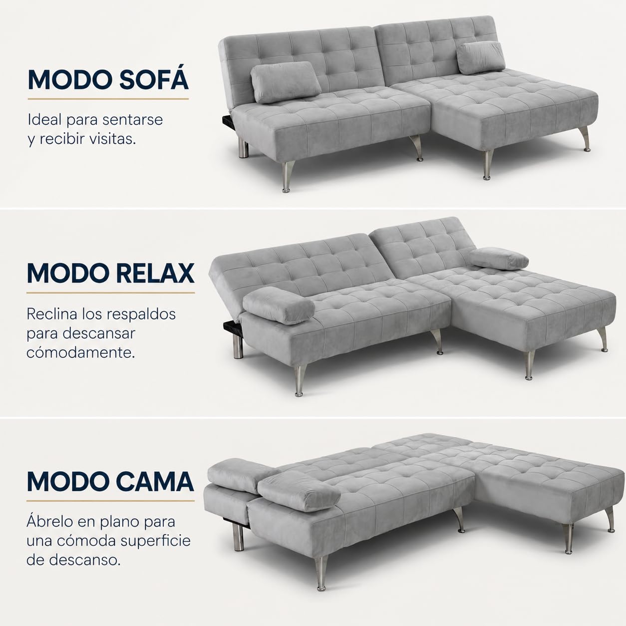 Sofá Cama AROA-XS - Multifuncional, Chaise Longue Reversible XS, 198x146cm - Compacto y Cómodo con Diseño Multifuncional (Gris Terciopelo)