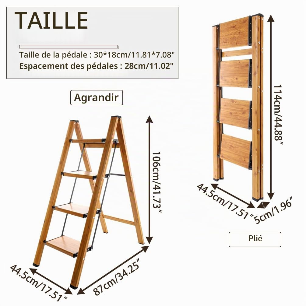 BAOYOUNI Escabeau pliable à 4 marches portable en aluminium léger avec pédales larges antidérapantes Capacité de 150 kg pour la maison, la cuisine, le jardin, le bureau – Noir + couleur grain de bois