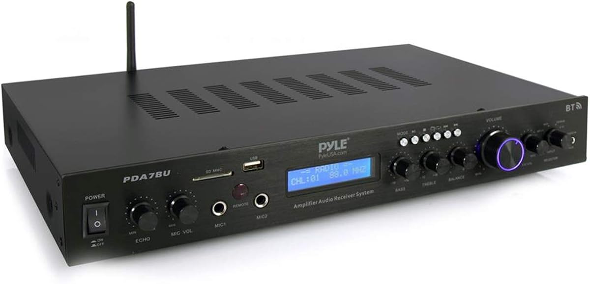 Pyle Bluetooth Home Theater Amplifier - 200 Watts into 5 Channels with Subwoofer Out, Easy Karaoke - Dual Mic, Wireless Streaming, USB/SD with MP3 player, RCA Input, FM Radio, LCD Display - PDA7BU