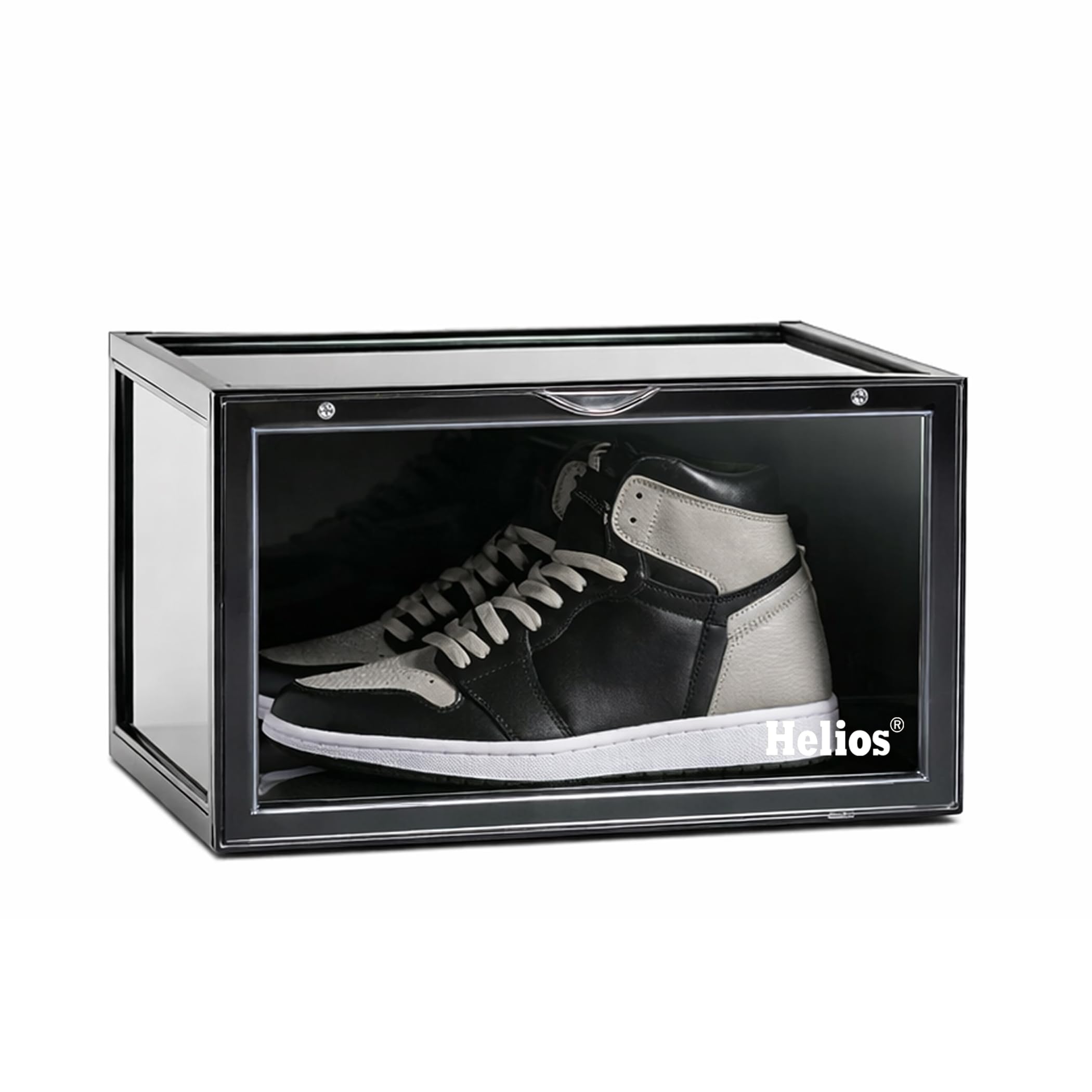 Helios Stackable Shoe Storage Boxes Side Drop || Shoe Rack || Shoe Organizer || Shoe Boxes Smoke Black Plastic Stackable Shoe Containers(Black, Pack of 1)