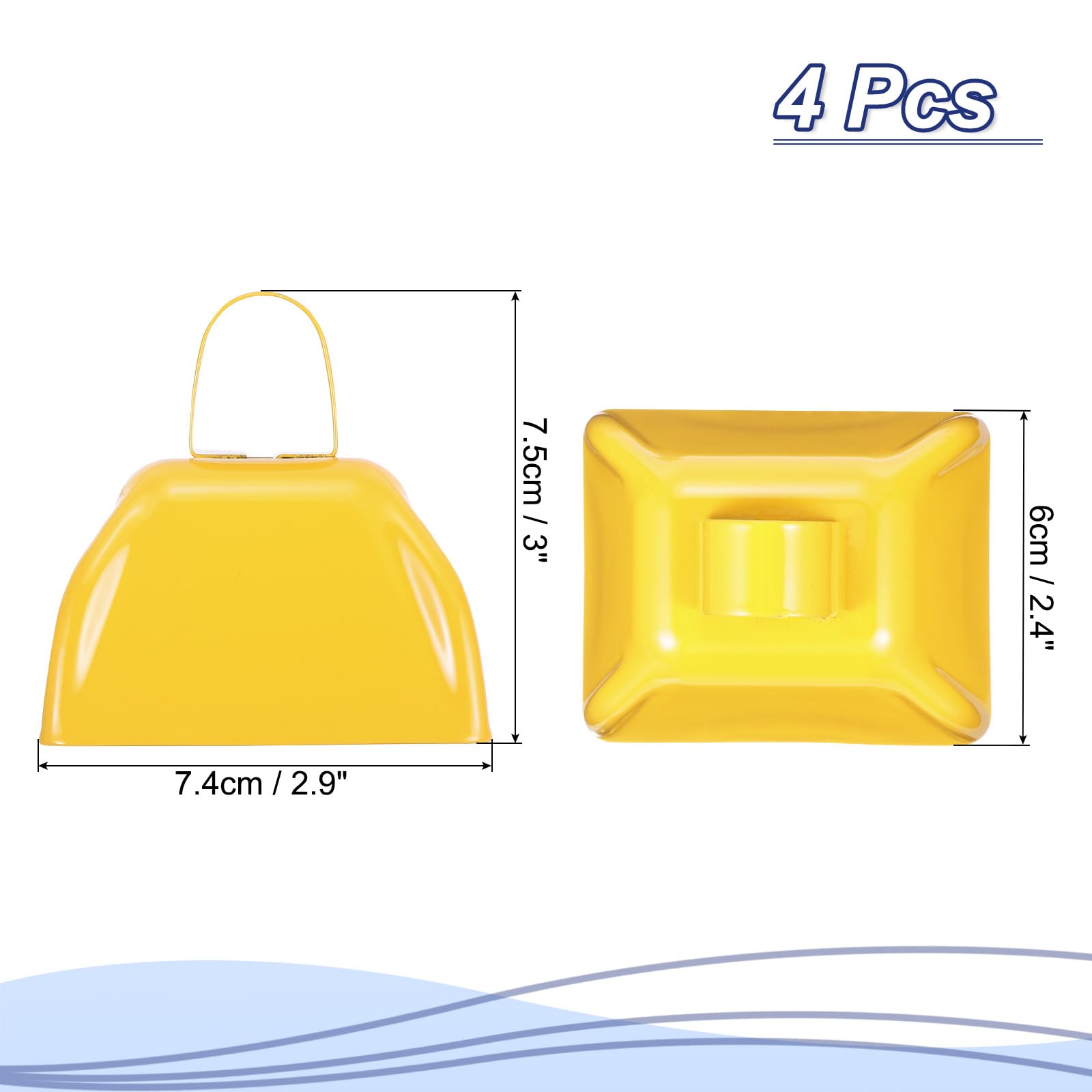 PATIKIL 4pcs Cow Bells for Football Games 3inch Cowbells for Sporting Events Bulk Loud Noise Makers Metal Cow Bell with Handle for Cheering Competition Marathon Wedding Yellow - Image 2